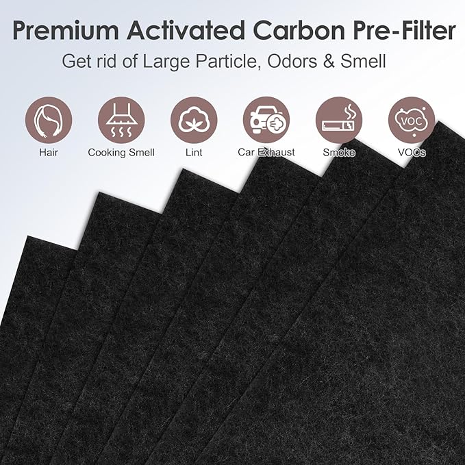 [Smoke Remover] Activated Carbon Pre-filters Compatible with Coway Airmega AP-1512HH & 200M Air Purifier, Remove Odor, VOCs Eliminator, Fresh Air, Include 12 Self-Stick Strips, Black 6-Pack