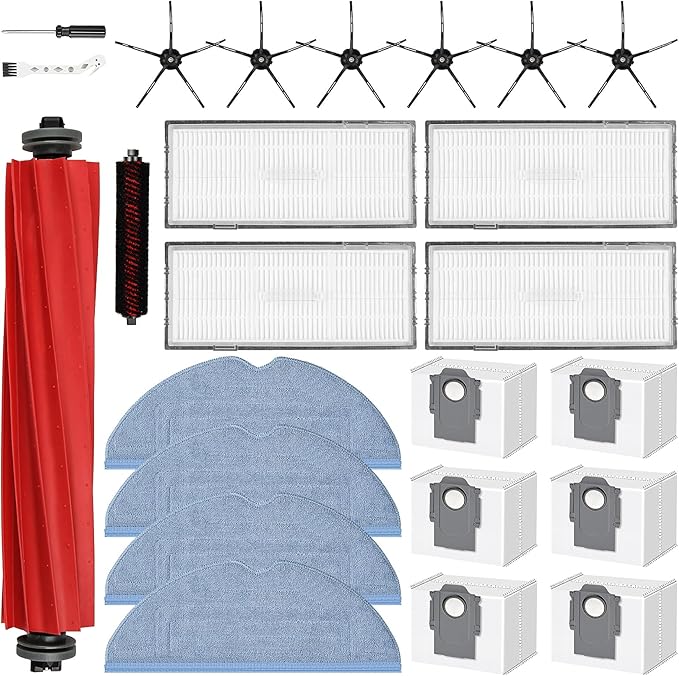 24 Pack Replacement Accessories for Roborock S7 MaxV Ultra / S7 Pro Ultra Robot Vacuum Cleaner, 1 Main Brush, 1 Self-Cleaning Brush, 4 HEPA Filters, 4 Mop Pads, 6 Side Brushes, 6 Dust Bags, 2 Tools