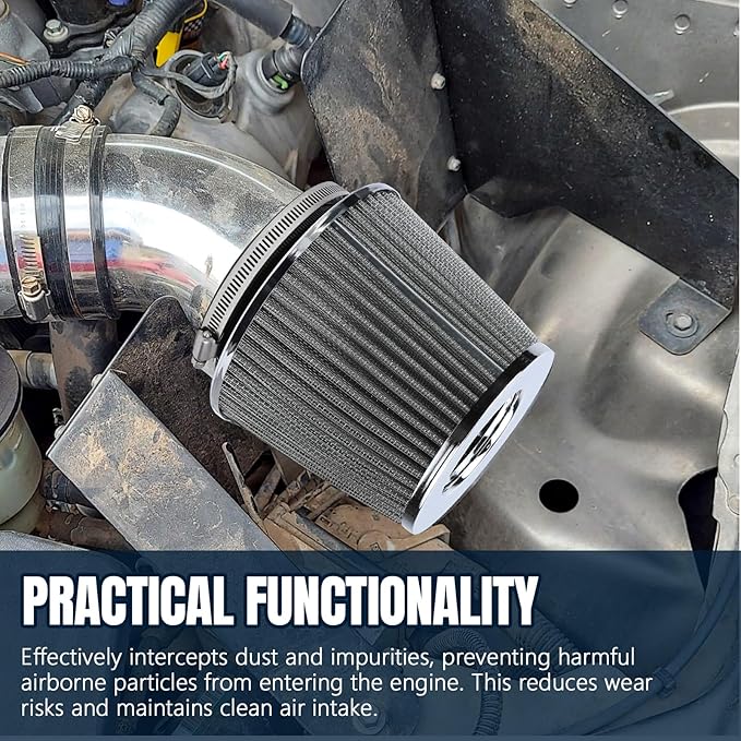 Hovom Universal Clamp-On Air Intake Filter, 76 89 102MM (3/3.5/4in) High Flow Round Tapered Cold Air Intake Filter, High Performance, Washable & Reusable, Engine Filters Replacement (Silver)