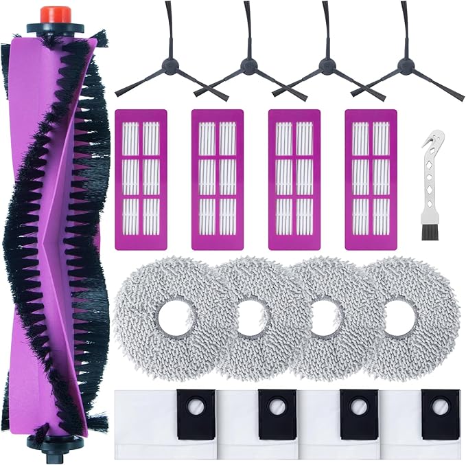 Accessories Kit for Eureka J15 Pro Ultra Robot Vacuum Cleaner Replacement Parts. 1 Main Roller Brush, 4 Hepa Filters, 4 Mop Pads, 4 Side Brushes, 4 Dust Bags, 1 Brush