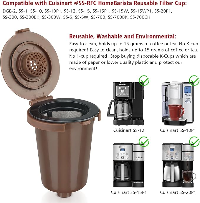 Newly upgraded Reusable Filter Cup for Cuisinart, Compatible with Cuisinart #SS-RFC HomeBarista Reusable Filter Cup, Brown (2 Pack)