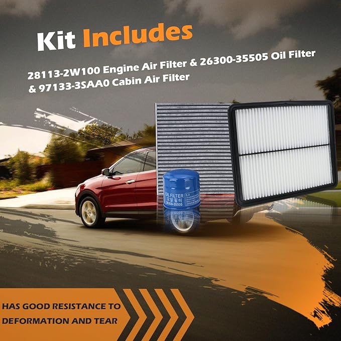 Kefly 28113-2W100 Engine Air Filter & 26300-35505 Oil Filter & 97133-3SAA0 Cabin Air Filter Fits for 2013-2018 Hyundai Santa Fe, 2013-2019 Santa Fe XL, 2013-2016 Santa Fe Sport