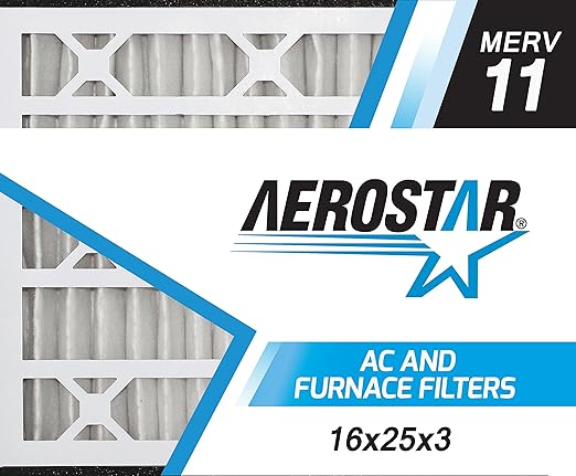 Aerostar 16x25x3 Air Filter MERV 11-1 Count - Removes Dust, Cold, Lint, Mold, Pet Dander, Allergy-Causing Pollen, Smog & Smoke - Pleated Electrostatic MPR 1000-1200 & FPR 7 Furnace Air Filters