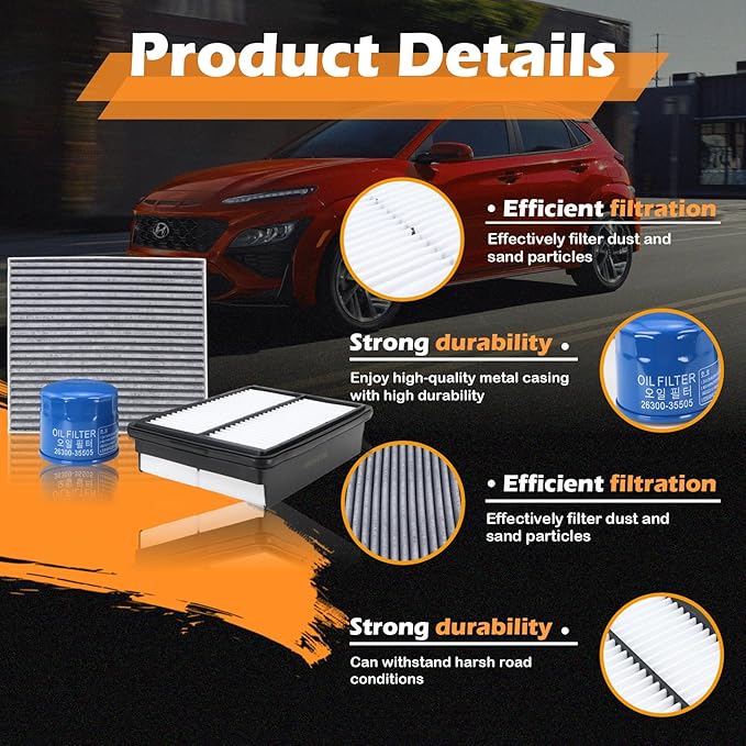 Kefly 28113-F2000 Engine Air Filter & 26300-35505 Oil Filter & 97133-D1000 Cabin Air Filter Fits for 2020-2025 Kia Soul, 2019-2024 Forte, 2018-2023 Hyundai Kona, 2019-2021 Veloster, 2017-2020 Elantra