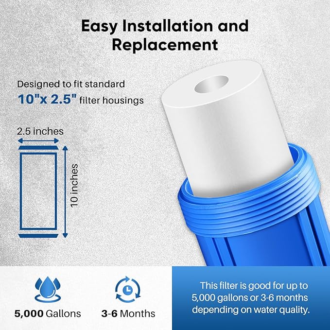 PUREPLUS 1 Micron 10" x 2.5" Whole House Sediment Home Water Filter Cartridge Replacement for Any 10 inch RO Unit, Culligan P5, Aqua-Pure AP110, Dupont WFPFC5002, CFS10, WHKF-G05, 6Pack