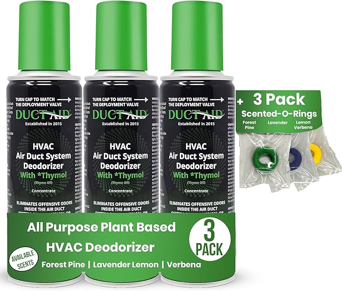 HVAC Air Deodorizer & Mold Treatment Fogger 3-Pack with 3 Scented O-Ring Pads | Air Duct Freshener for HVAC & AC Vents | Plant-Based Thymol Fogger for Home, Car & Commercial Spaces