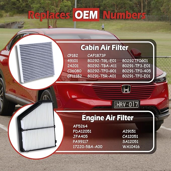 17220-5BA-A00 Engine Air Filter and 80292-TF0-G01 Cabin Air Filter kit Compatible with 2016-2025 Honda Civic 2.0L Naturally Aspirated 2023-2025 HR-V 2.0L Replaces CA12051 WA10416 CF11182 80291-T5R-A01