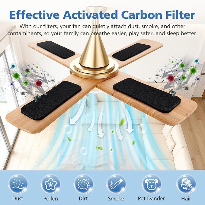 20 Pack Ceiling Fan Filters for Blades, Activated Coconut Shell Carbon Fan Blade Air Filters for Dust, Odors & Pet Dander, Easy Stick Universal Fit Ceiling Fan Air Purifier Pads, Unscented