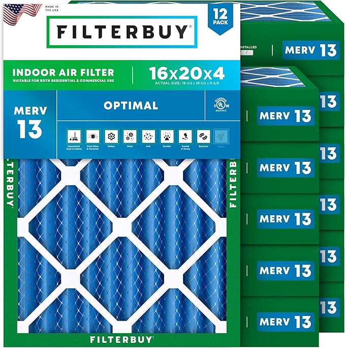 Filterbuy 16x20x4 Air Filter MERV 13 Optimal Smoke & Allergy Defense (12-Pack), Electrostatic Pleated HVAC AC Furnace Filters Replacement (Actual Size: 15.50 x 19.50 x 3.63)