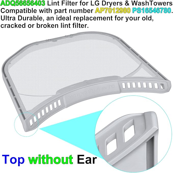 ADQ56656403 Lint Filter Replacement for LG Dryers and WashTowers, Ultra Durable Lint Screen Trap, Rim without Felt Seal, Filter Size 11.2 * 10.9 inch (28.4 * 27.6 cm)
