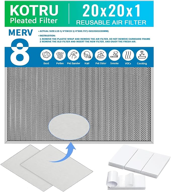 20x20x1 Air Filter, Reusable Air Filter - MERV 8, Washable Aluminum Permanent Electrostatic Filter - Long Service Life - For - Home and Office HVAC, Fireplace Systems (20x20x1)