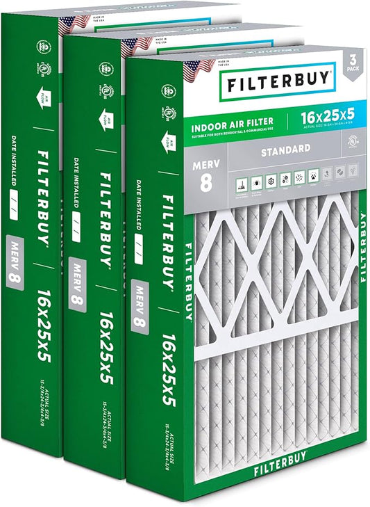 Filterbuy 16x25x5 Air Filter MERV 8 Essential Dust & Allergy Defense (3-Pack), Pleated HVAC AC Furnace Filters for Honeywell FC100A1029, Lennox X6670, and More (Actual Size: 15.75 x 24.75 x 4.38)