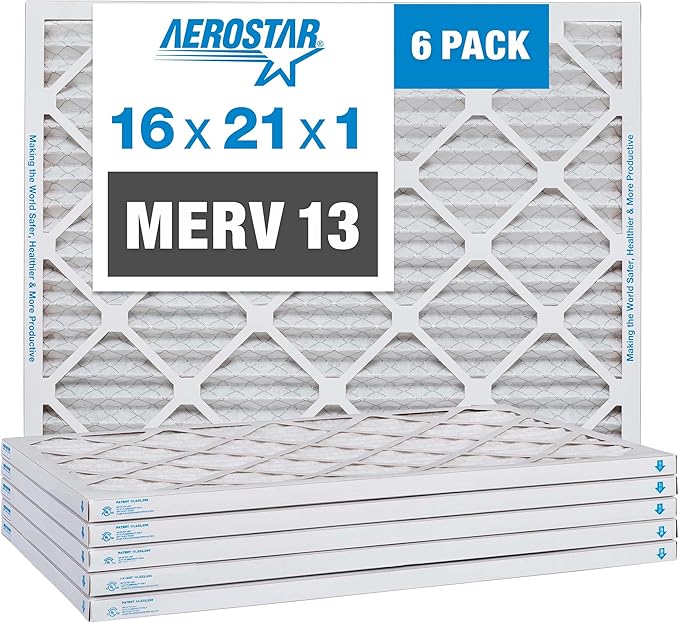 Aerostar 16x21x1 MERV 13 Air Filter, Pleated AC Furnace HVAC Filters (15.875x20.875x0.75), for Allergies Asthma Dust Pet Dander Pollen Smoke Bacteria, MPR 1200 FPR 7, USA, 6 Pack