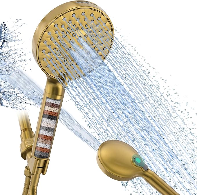 SR SUN RISE Filtered Shower Head with Handheld High Pressure 9 Spray Mode Showerhead Detachable Shower Head Water Softener Filters Beads for Hard Water Remove Chlorine 1 Filter Brushed Gold