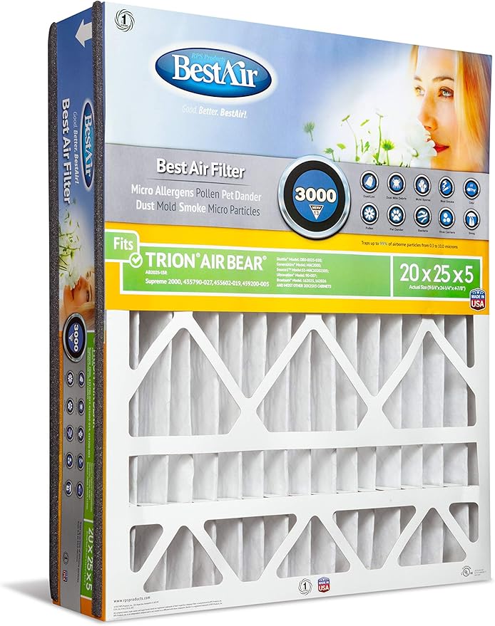 BestAir AB2025-13R AC Furnace Air Filter, 20" x 25" x 5", MERV 13, Fits 100%, For Trion Air Bear, Supreme, Skuttle, GeneralAire, Source1, Ultravation & Braeburn Models, Pack of 1