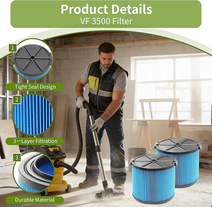 2 Pack Wet Dry Vac Filter VF3500 3 Layer Fine Filter, Half Height Replacement V3500 Filter for 3-4.5 Gallon Vacs WD3050 WD4050 WD4070 WD4522 4000RV 4500RV