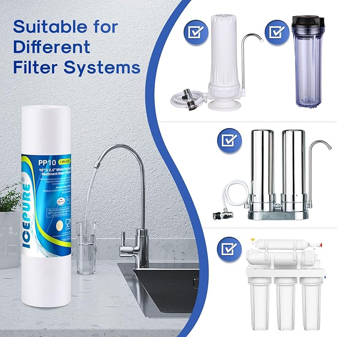 ICEPURE 10"X2.5" 5 Microns Whole House Sediment RO System Water Filter Replacement for Any 10 inch RO Unit,Dupont WFPFC5002, Aqua Pure AP110, Culligan P5,GE FXUSC, Whirpool WHKF-GD05,PP10-05,4PACK