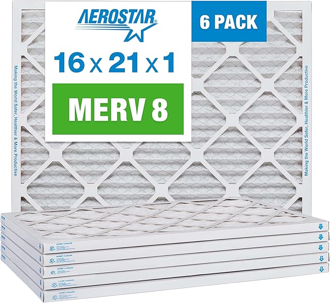Aerostar 16x21x1 MERV 8 Air Filter, Pleated AC Furnace HVAC Filters (15.875x20.875x0.75), Electrostatically Charged for Allergies Dust Pet Dander Pollen Mold Lint, MPR 600 FPR 5, USA, 6 Pack