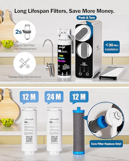 Frizzlife Reverse Osmosis Water Filter - Alkaline Mineral pH+, NSF/ASNI 58&53&42&372 Standard, 600GPD Tankless RO Reverse Osmosis System, Under Sink, 2:1 Pure to Drain, Smart LED Faucet, PD600-N