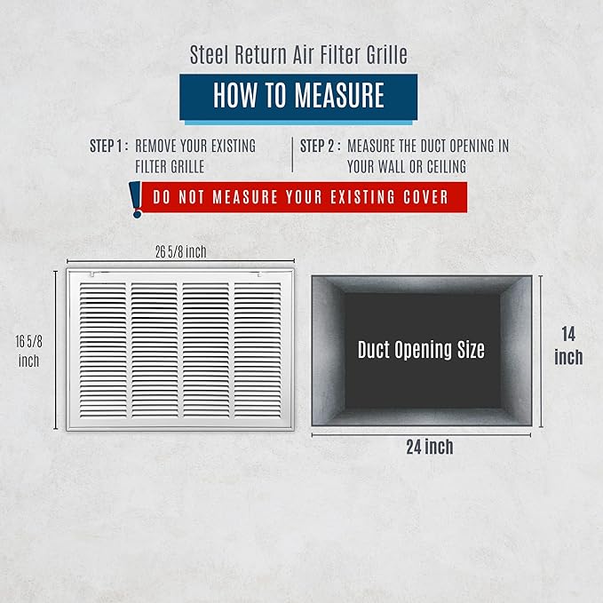 Fits 24x14 Duct Opening | Steel Return Air Filter Grille by Handua [Fixed Hinged] for 1-inch Filters | Vent Cover Grill for Sidewall and Ceiling | White | Outer Dimensions: 26 5/8"W X 16 5/8"H