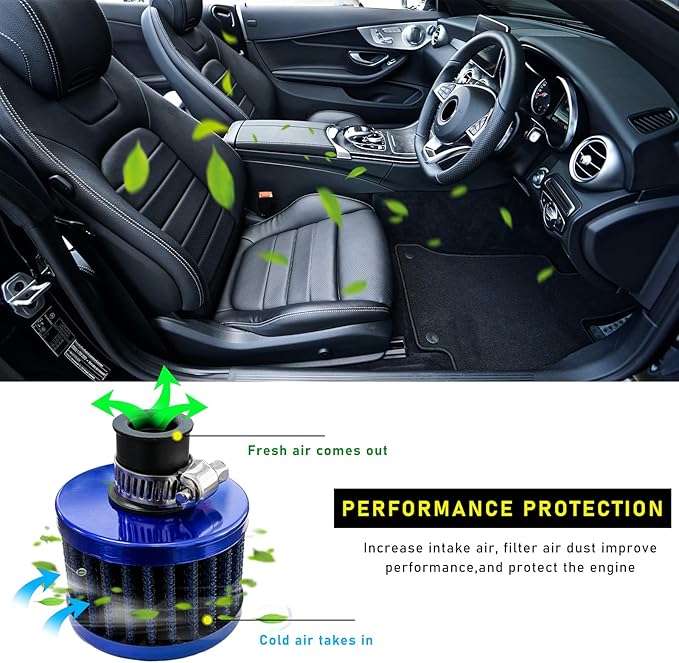 12mm Mini Air Filter, Universal Motor Cold Air Intake Filter Breather, Auto Turbo Vent Intake Filter Cleaner, Crankcase Breather Car Accessories for Motorcycle Engine Parts (Blue)