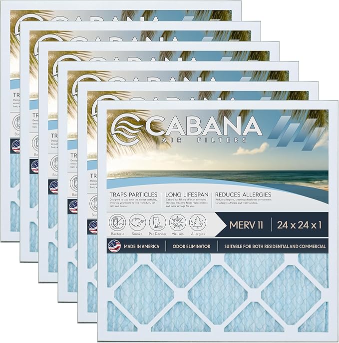 Cabana Filters 6-Pack 24x24x1 MERV 11 AC Furnace Air Filter for Home and Office - Indoor HVAC System Filtration Replacement, Captures Unwanted Particles