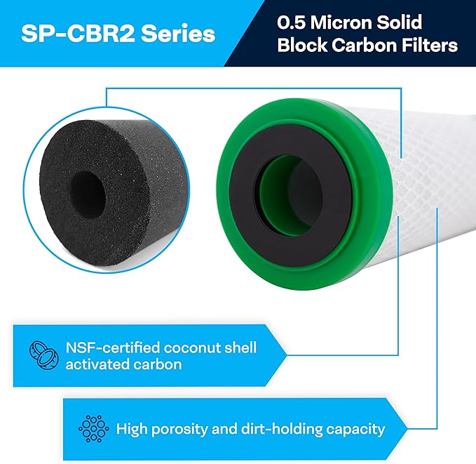 SpiroPure SP-CBR2-10 10x2.5 0.5 Micron NSF Certified Coconut Shell Carbon Block Water Filter Cartridge CBR2-10 155268-43 SMCB-2510 (Case of 12)