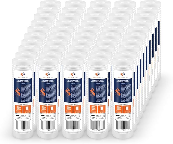 Aquaboon Whole House 1 Micron 10 x 2.5 PP Grooved Sediment Water Filter Cartridge Replacement Compatible with AP110, WHKF-GD05, CFS110, P5, 50-Pack