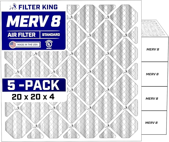 Filter King 20x20x4 Air Filter (MERV 8) (5-Pack) Dust & Allergy Control AC Furnace Filters, MADE IN USA, HVAC, Pleated, Electrostatic (Actual Size: 19.5 x 19.5 x 3.75)