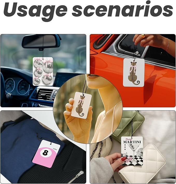Trendy Coquette Leopard Print Car Air Freshener 4 Pcs - Preppy Pink Bow Cheetah Print Lucky 8 Disco Ball Martini Hanging Decor for Drawer Closet Cars Books, Car Accessories Mirror Decor for Women Girl