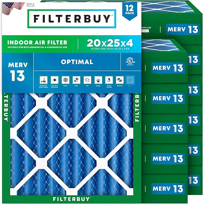 Filterbuy 20x25x4 Air Filter MERV 13 Optimal Smoke & Allergy Defense (12-Pack), Electrostatic Pleated HVAC AC Furnace Filters Replacement (Actual Size: 19.50 x 24.50 x 3.63)