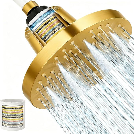 20-Stage Filtered Shower Head, 7 Inch High Pressure Shower Head with Easy-Replace Filter Cartridge, Shower Head Filter for Hard Water (Brushe Golden)