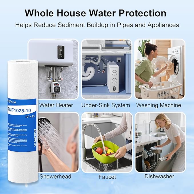 10 Micron 10" x 2.5" Sediment Filter, Whole House Water Filter Cartridge Replacement for Any 10 inch RO Unit, Compatible with Culligan P5, GE FXUSC, WFPFC5002, AP110, WHKF-GD05, Pack of 6