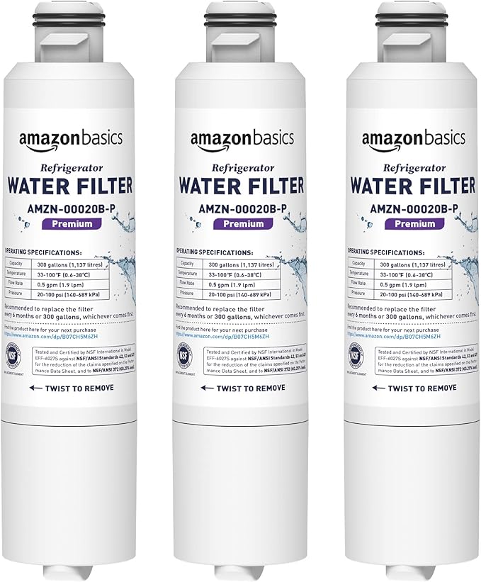 Amazon Basics Replacement Samsung DA29-00020B Refrigerator Water Filter Cartridge, NSF Certified, Reduces Contaminants, 3-Pack