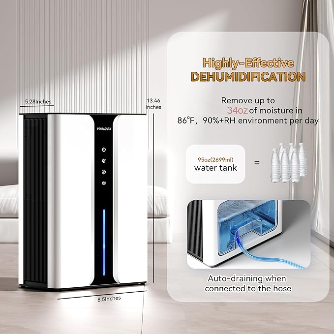Home Dehumidifier with Drain Hose, (950 sq.ft) 95oz Quiet dehumidifier for Bathroom Bedroom, with Air Reusable Filter Indoor deshumidificador for Basement RV Closet