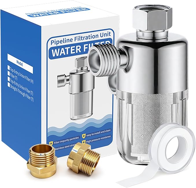 Washing Machine Water Filter, 40 Micron Reusable Brass Inline Sediment Filter, Anti-Scale Hose Pre-Filter for Water Heater, RV, and Toilet Bidet (L Port)
