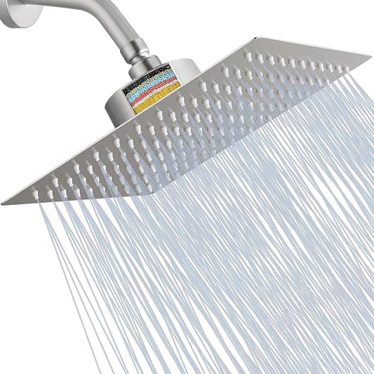 Filtered Shower Head, Stainless Steel High Flow Rainfall Showerhead with 15 Stage Hard Water Filter Cartridge for Remove Chlorine and Harmful Substances(Brushed Nickel,10")