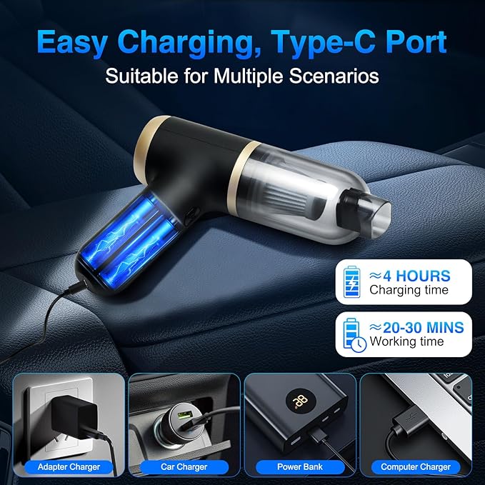 2-in-1 Handheld Vacuum & Blower with 20000PA Suction – 0.76 lb Weighs Mini Vacuum Cleaner Cordless for Quick Car, Home, Hand Vac with HEPA Filter & 5 Attachments
