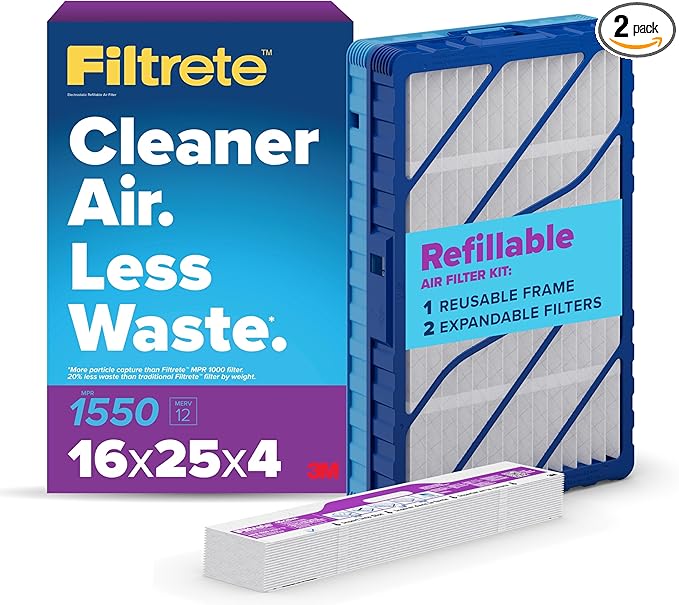 Filtrete 16x25x4 Refillable Air Filter Starter Kit, MPR 1550, MERV 12, 1 Reusable Air Filter Frame & 2 Air Filters, Fits Honeywell & Lennox, Allergen Bacteria & Virus, actual size 15.88 x 24.62 x 4.25
