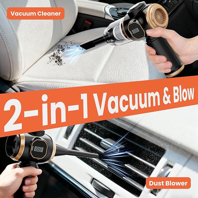 Mini Car Vacuum 15000Pa Portable Cordless Handheld Vacuum Cleaner and Air Duster with 2 Filter for Car, Sofa, Office, Pet, Home (Black & Gold)