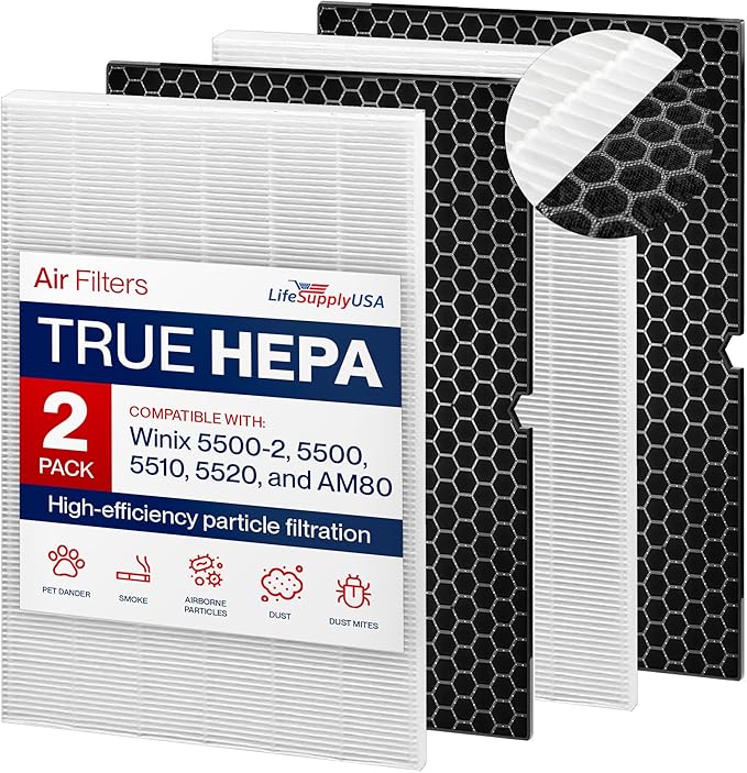 116130 HEPA Filter H Replacement Compatible with Winix 5500-2, AM80, 5510, 5520 Air Purifiers -True HEPA + Activated Carbon Filter by LifeSupplyUSA (2-Pack)
