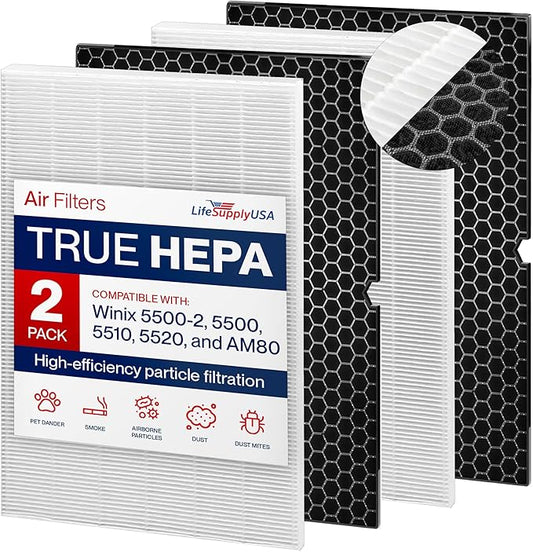 116130 HEPA Filter H Replacement Compatible with Winix 5500-2, AM80, 5510, 5520 Air Purifiers -True HEPA + Activated Carbon Filter by LifeSupplyUSA (2-Pack)
