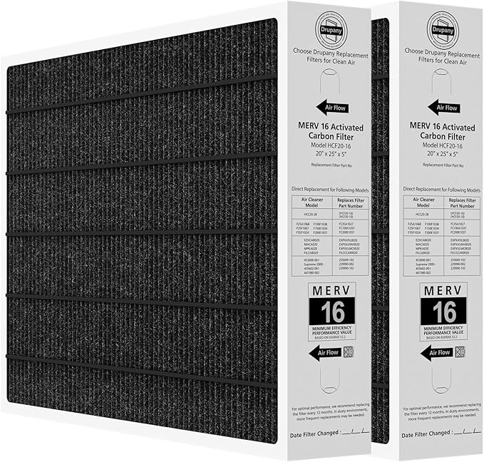 2 Pack 20x25x5 MERV 16 Air Filter, Compatible with Lennox HCC20-28 MERV 16 Furnace Filter for HVAC System, Part Number HCF20-16, HCF20-10