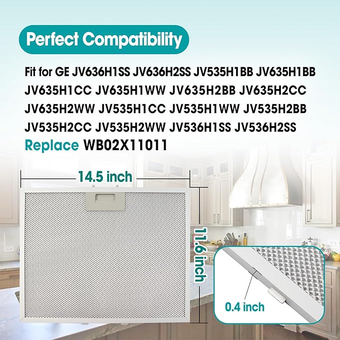 2 Pcs Aluminum Range Vent Hood Grease Filter Replace WB02X11011 Fit for GE Hood Filter JV636H1SS JV636H2SS JV535H1BB JV535H1CC JV535H1WW JV535H2BB JV535H2CC And More, 14-1/2" x 11-5/8"