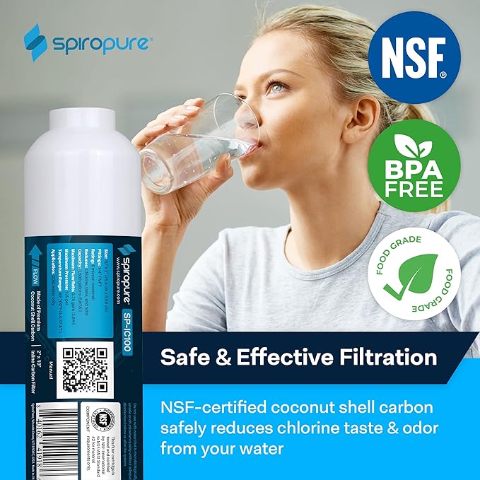 SpiroPure Inline Filter NSF Coconut Shell Granular Carbon Water Filter with 1/4" FNPT, 2" x 10" (Case of 25)