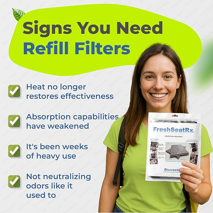 FreshSeatRx 4-Refill Filters fit FS-4 enclosures. Activated Charcoal, Chemical Warfare Design High Absorbency-CWDHA Activated Carbon Filter Pads. Reusable, Reset with Low Heat for Weeks of use. FR-4