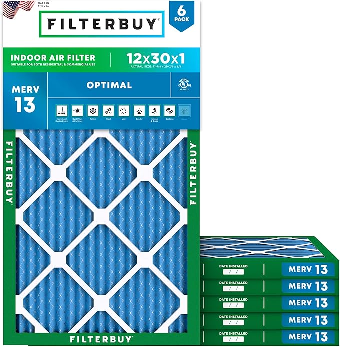 Filterbuy 12x30x1 Air Filter MERV 13 Optimal Smoke & Allergy Defense (6-Pack), Electrostatic Pleated HVAC AC Furnace Filters Replacement (Actual Size: 11.88 x 29.88 x 0.75)