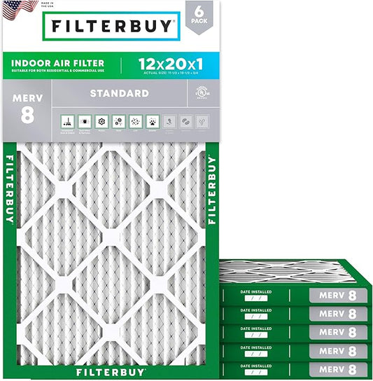 Filterbuy 12x20x1 Air Filter MERV 8 Essential Dust & Allergy Defense (6-Pack), Electrostatic Pleated HVAC AC Furnace Filters Replacement (Actual Size: 11.50 x 19.50 x 0.75)