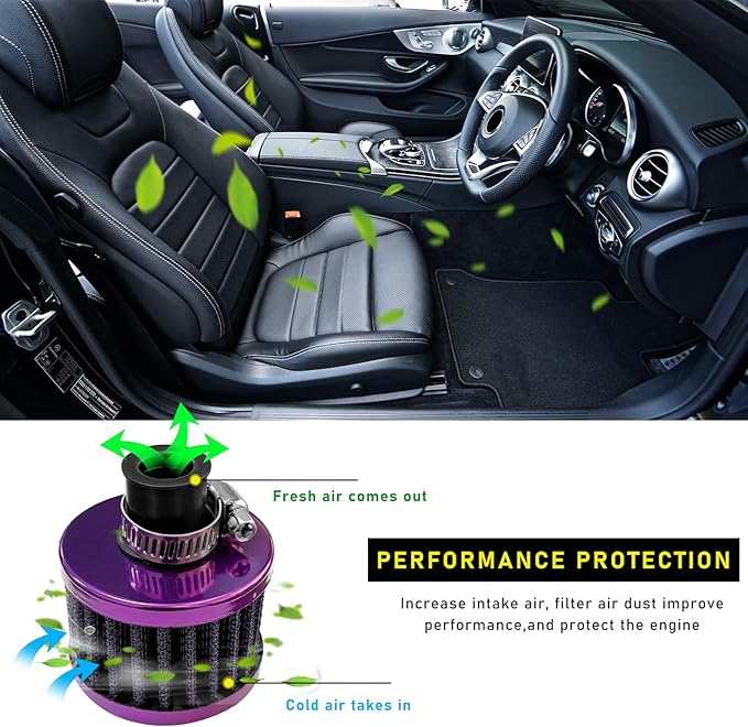 12mm Mini Air Filter, Universal Motor Cold Air Intake Filter Breather, Auto Turbo Vent Intake Filter Cleaner, Crankcase Breather Car Accessories for Motorcycle Engine Parts (Purple)