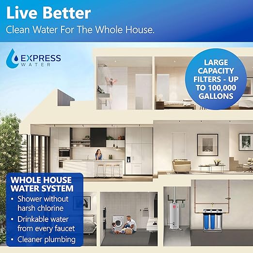 Express Water 3-Stage Whole House Water Filter System, Reduces Heavy Metals, Scale, Chloramine, Chlorine, PFAs, Lead & Arsenic, Free-standing Stainless Steel Frame & 3 Pressure Gauges